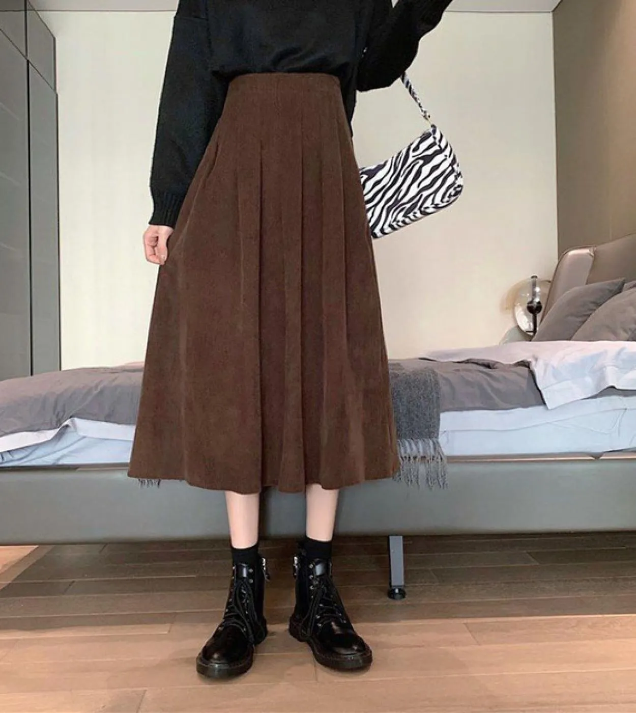 Gonne midi in velluto a coste da donna Vintage marrone nero a vita alta gonne lunghe donna 2023 moda autunno gonna a trapezio