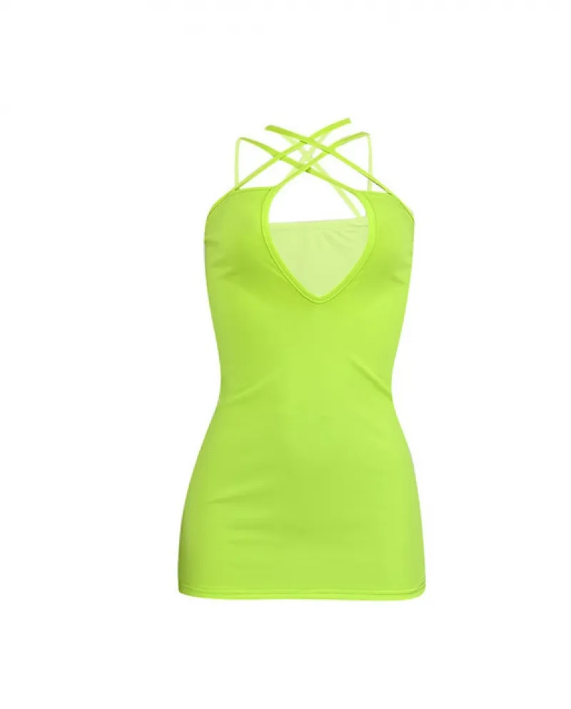 Hirigin Verde Spaghetti Strap Wrap Mini Abito Donna Collo Basso Maniche
