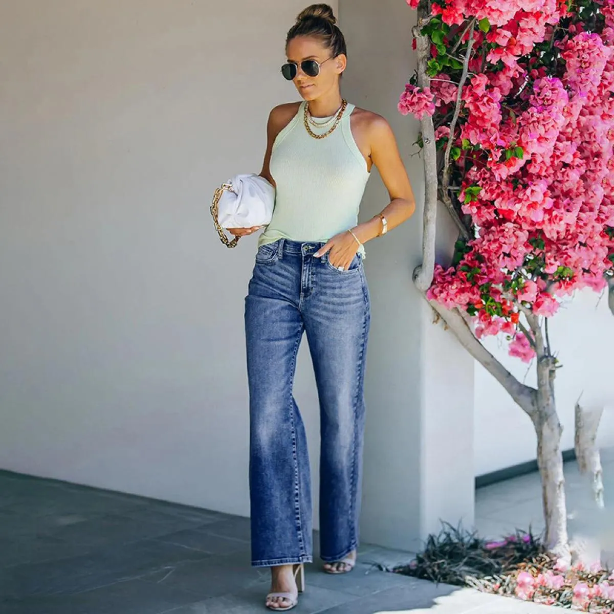 Jeans svasati da donna a vita alta 2023 Primavera/estate Nuova moda retrò blu pantaloni larghi casual larghi da strada da donna