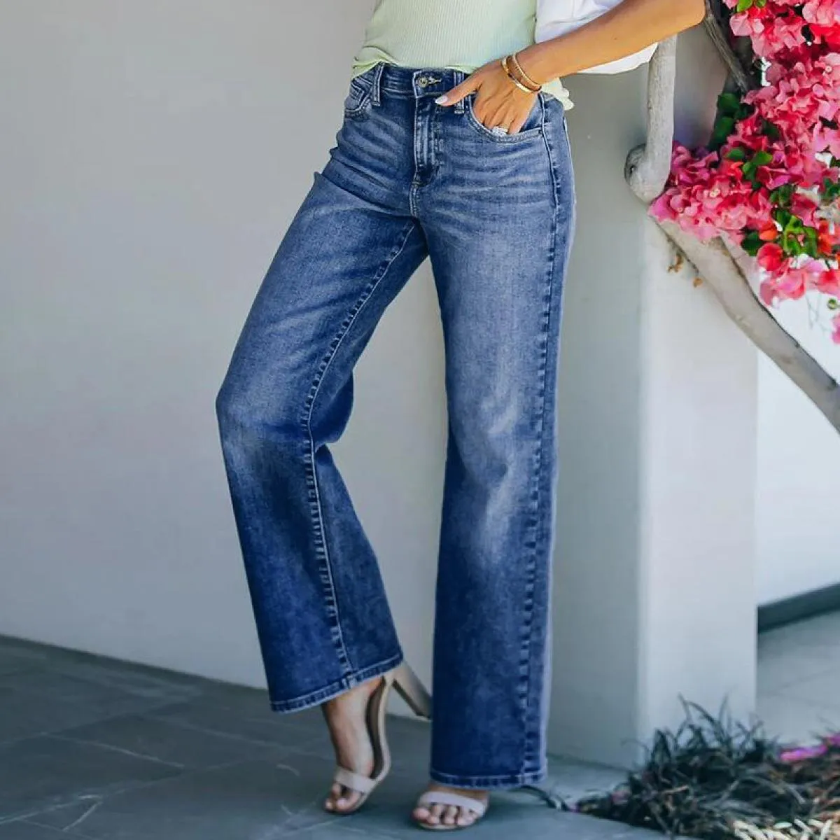 Jeans svasati da donna a vita alta 2023 Primavera/estate Nuova moda retrò blu pantaloni larghi casual larghi da strada da donna