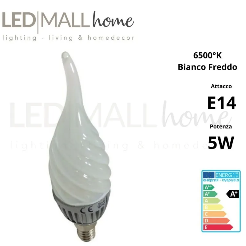 kit 6pz lampadina candela soffio di vento led 5w e14 bianco freddo 6500k