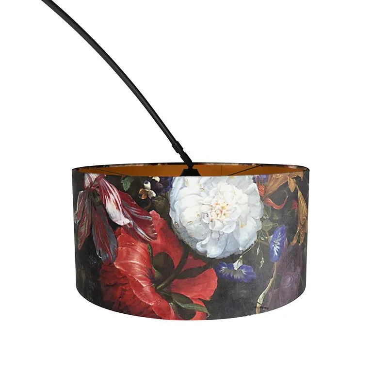 Lampada ad arco paralume in velluto nero disegno floreale 50 cm - XXL