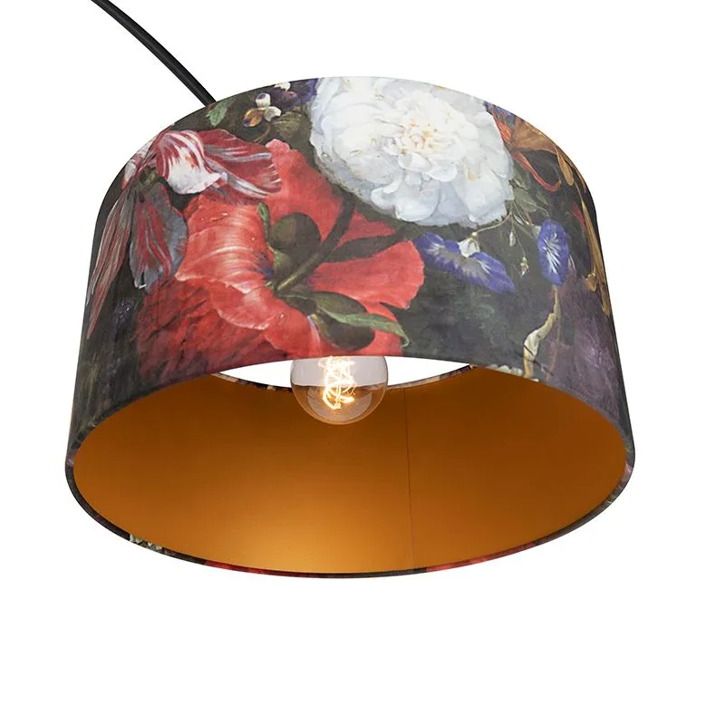 Lampada ad arco paralume in velluto nero disegno floreale 50 cm - XXL