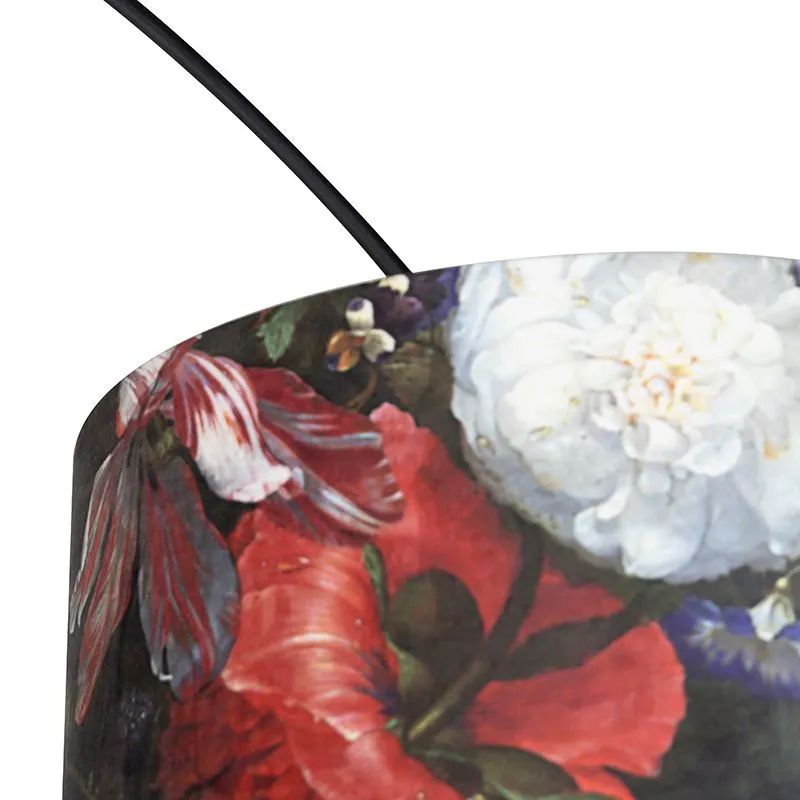 Lampada ad arco paralume in velluto nero disegno floreale 50 cm - XXL