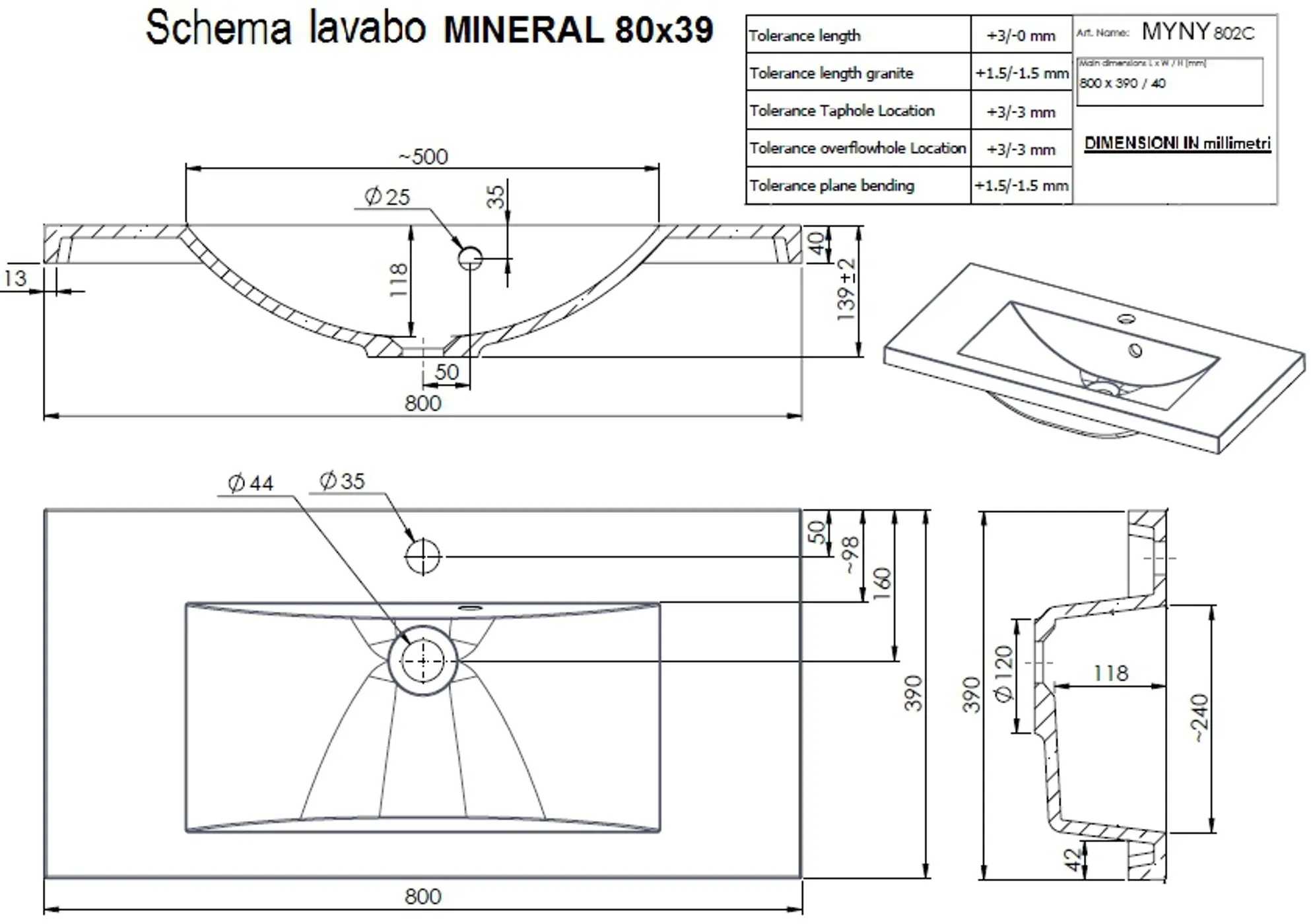Lavabo da incasso in mineralmarmo bianco L 80 x H 4 x P 39 cm