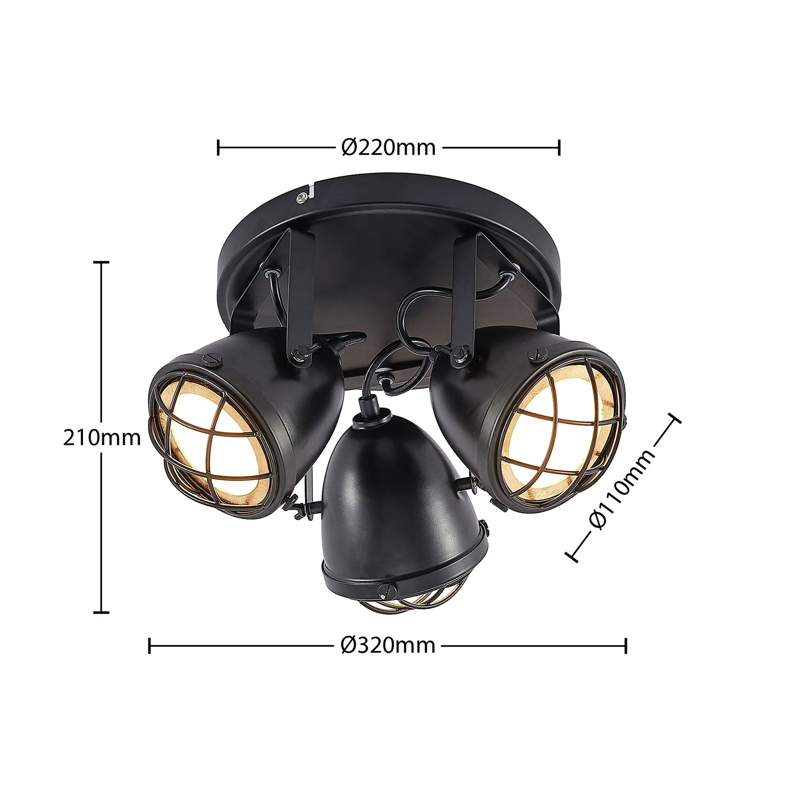 Lindby Biona Faretto da soffitto con anello dorato, a 3 luci, Ø 22 cm