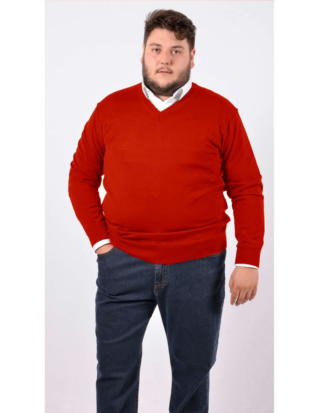 Maglia collo v ml p lana merino rosso taglie forti