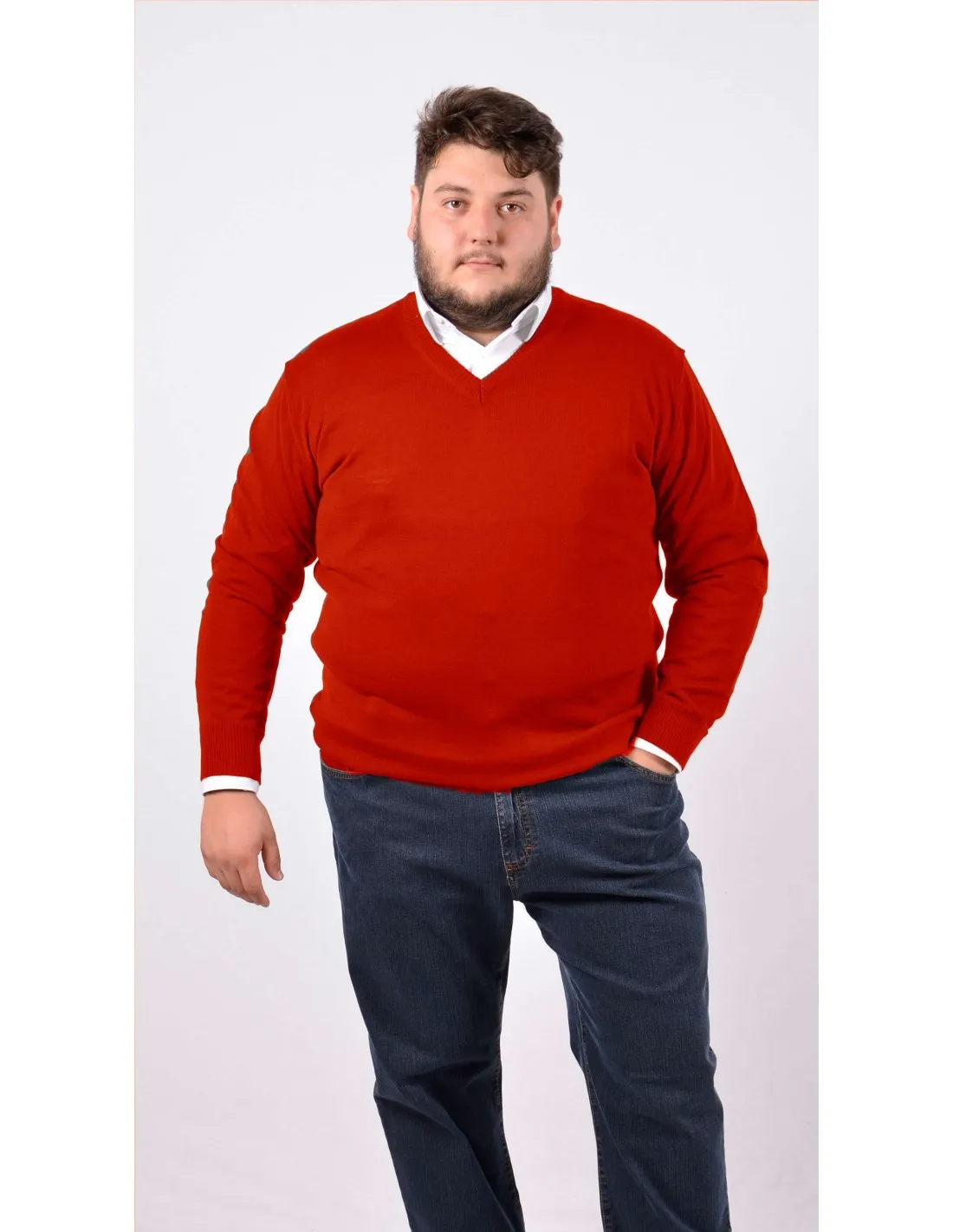 Maglia collo v ml p lana merino rosso taglie forti