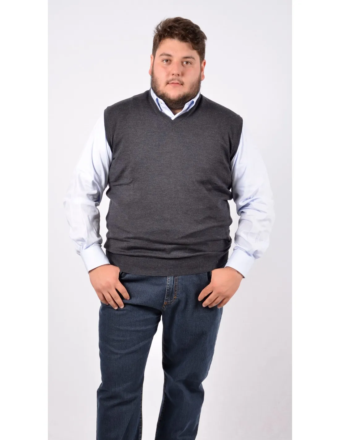 Maglia collo v mm gilet lana merino 4 stagioni grigio scuro