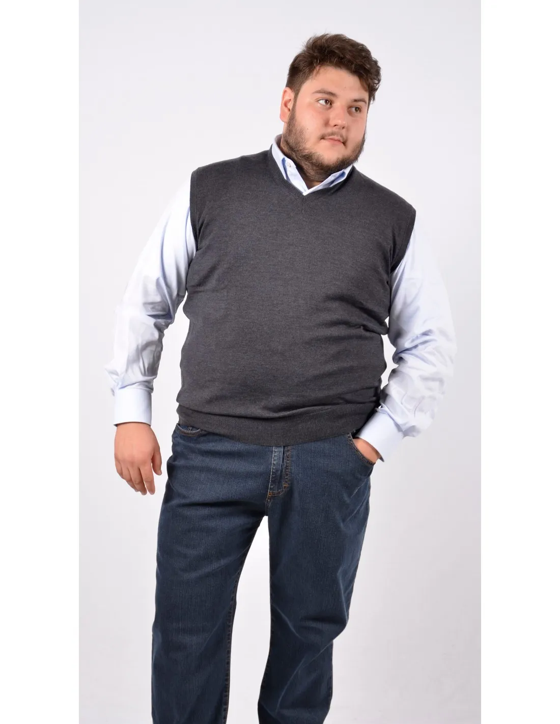 Maglia collo v mm gilet lana merino 4 stagioni grigio scuro