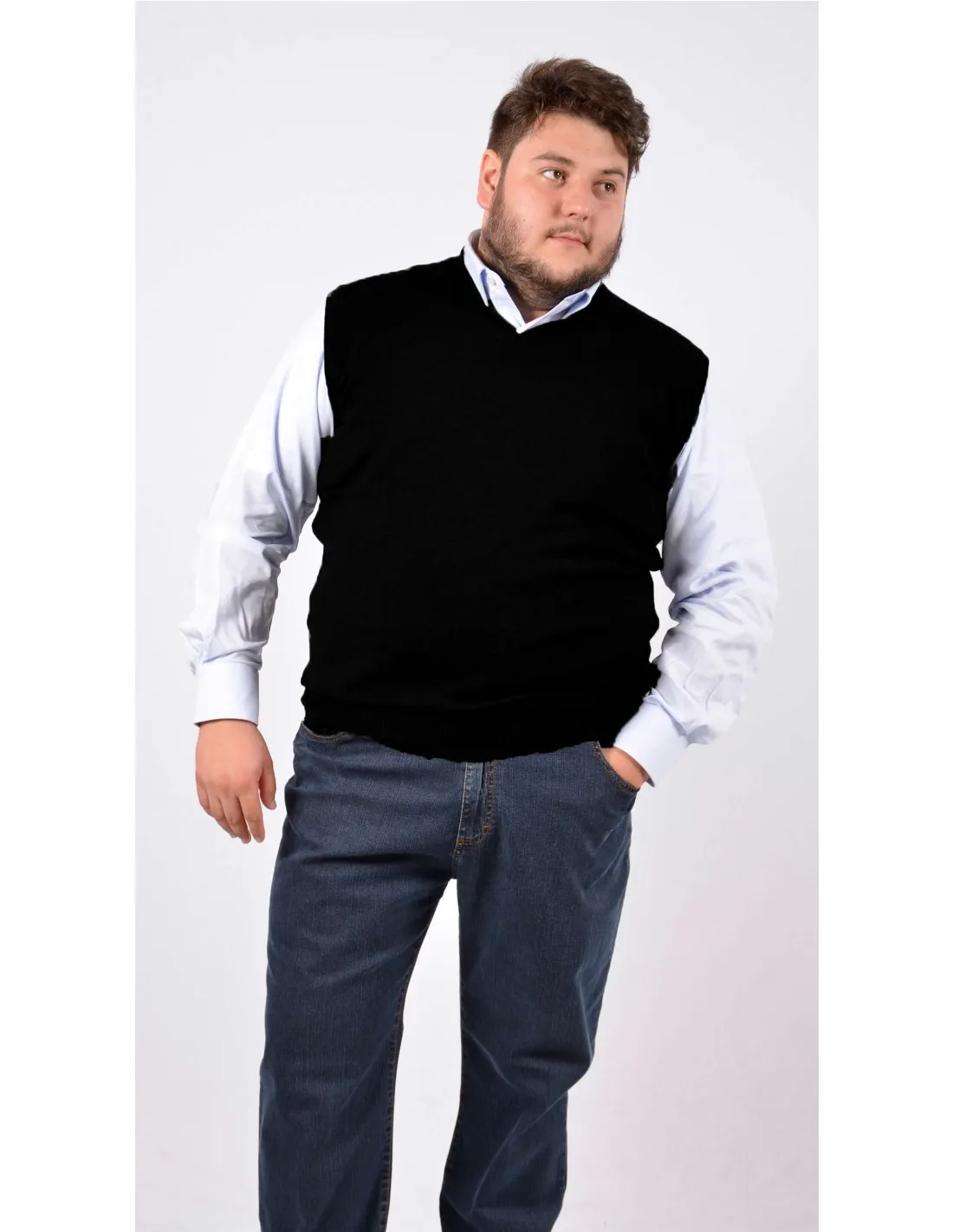 Maglia collo v sm gilet lana merino nero taglie forti