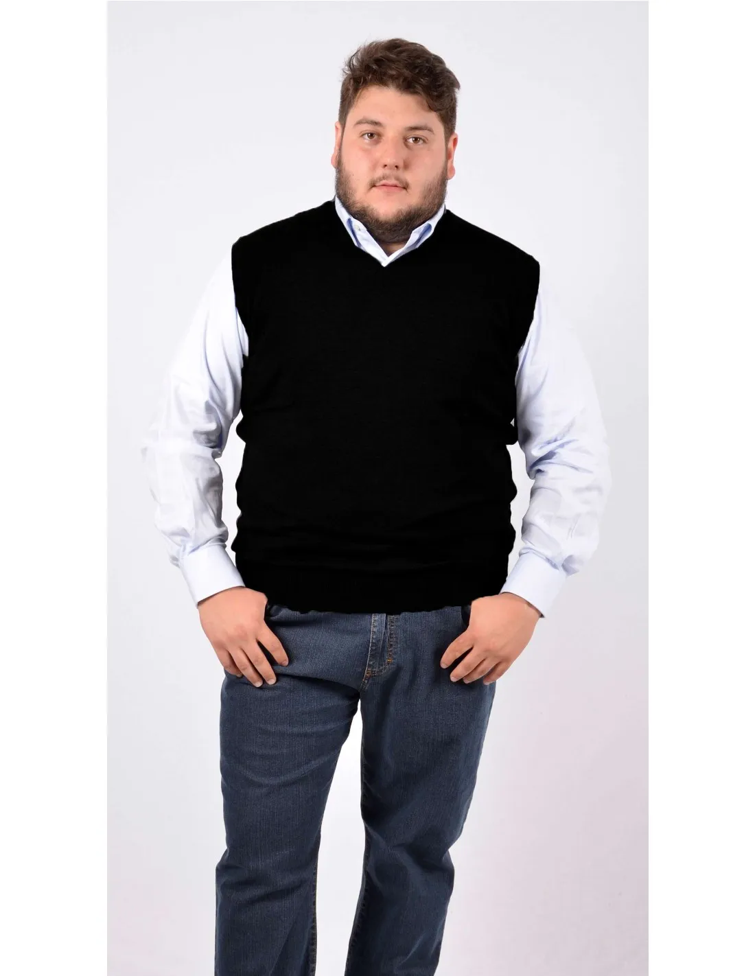Maglia collo v sm gilet lana merino nero taglie forti