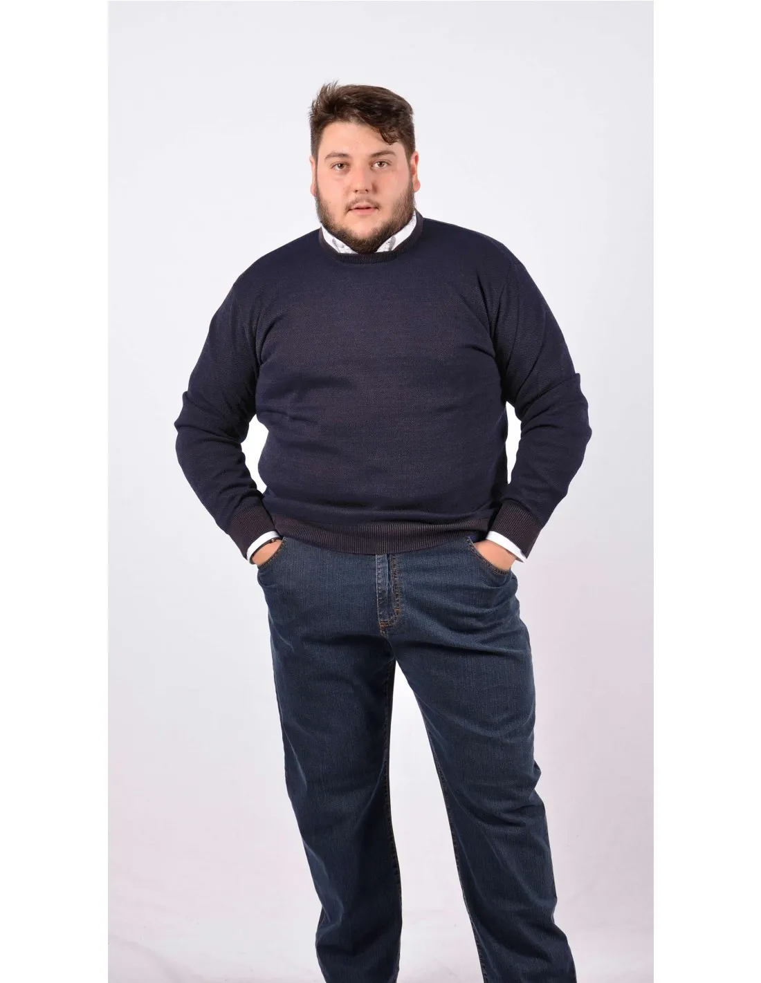 Maglia girocollo ml lana merino blu taglie forti