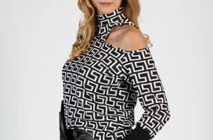 Maglietta elegante con stampa geometrica e scollo alto Venitya, nera