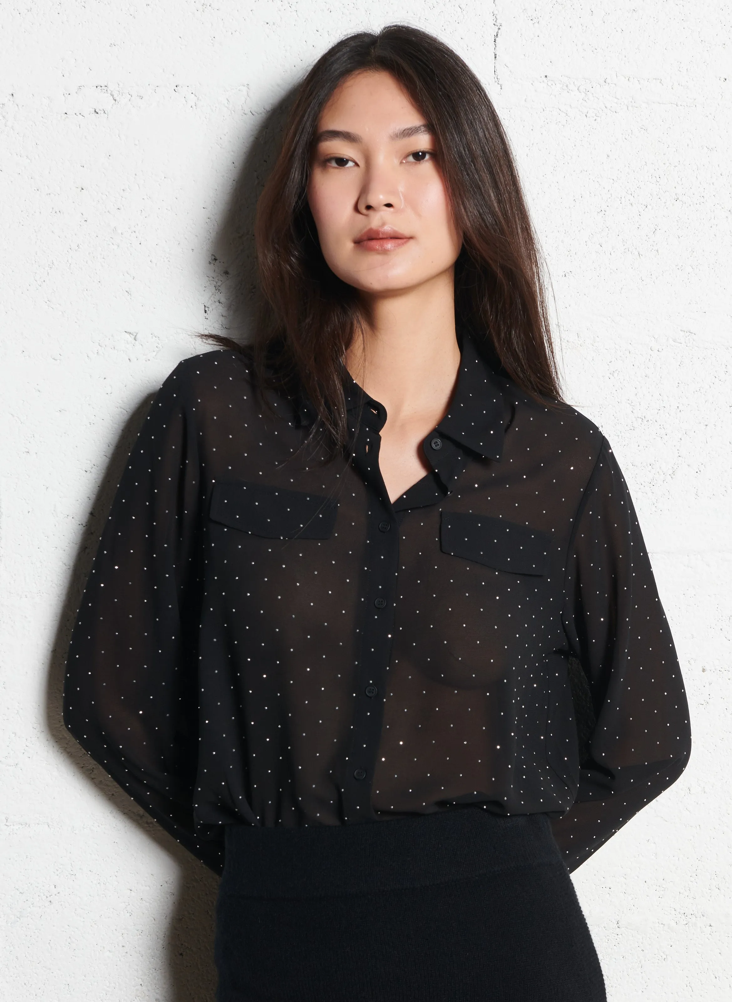  MAISON 123   BACH - Camicia diritta con strass | Nero