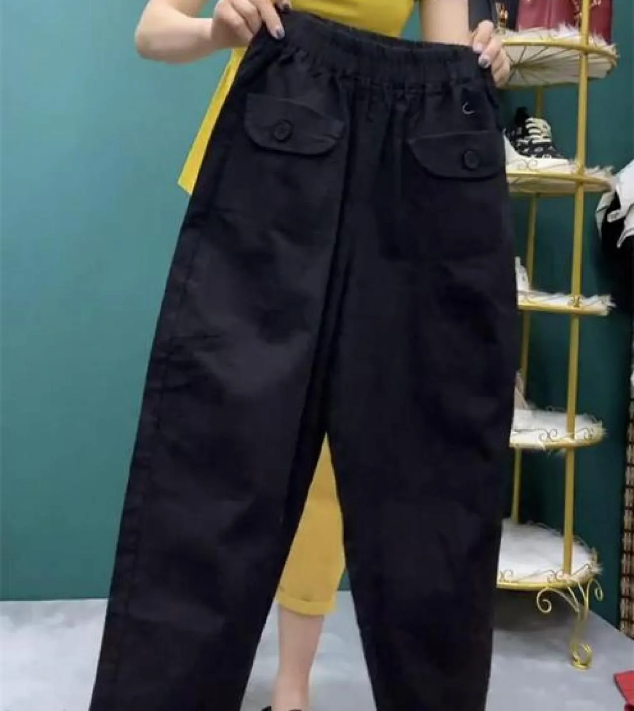 Moda Primavera Estate Donna Elastico in vita Pantaloni larghi in cotone Harem Pantaloni a doppia tasca casual alla caviglia V344