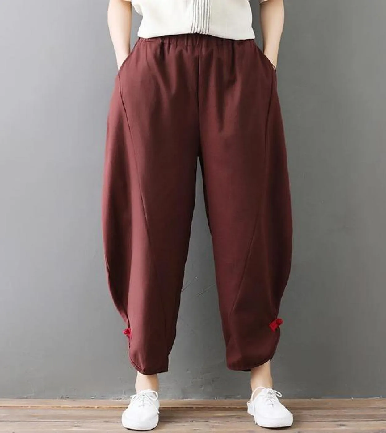 Nuovo arrivo estate donna cotone lino bottoni pantaloni alla caviglia asimmetria pantaloni larghi elastici in vita Harem T12pan