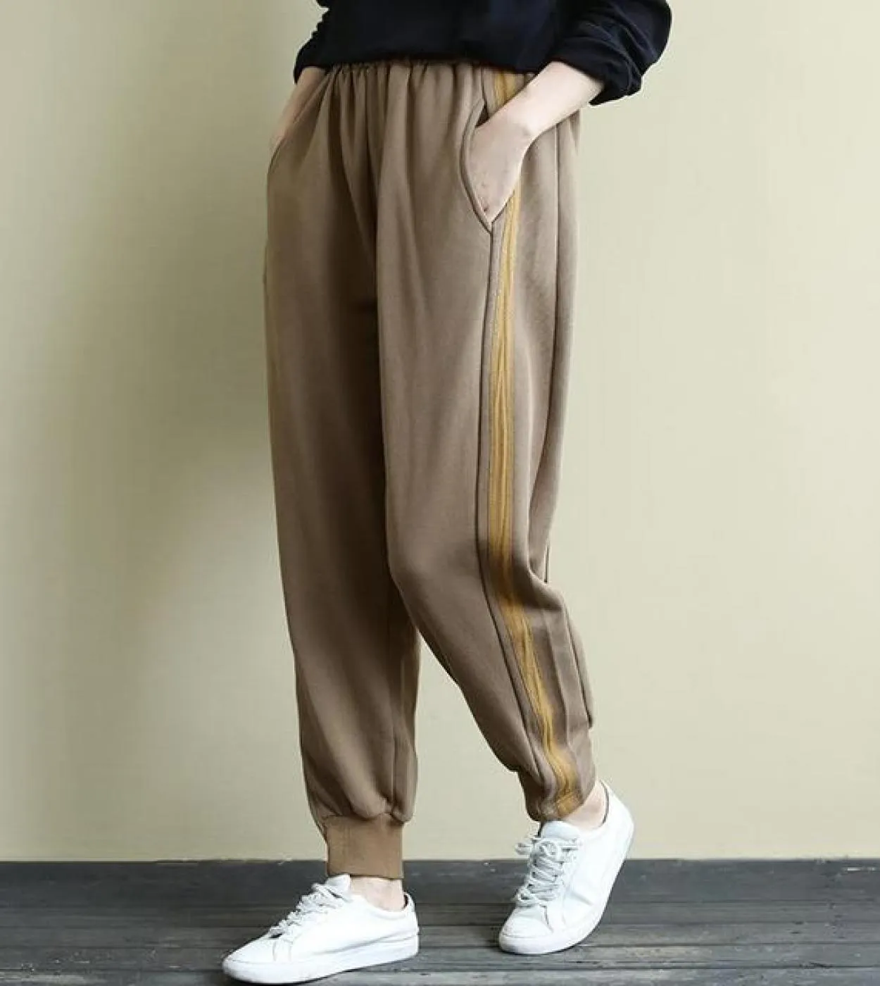 Nuovo arrivo primavera autunno donna elastico in vita pantaloni larghi pantaloni casual in cotone impiombato a righe laterali pa