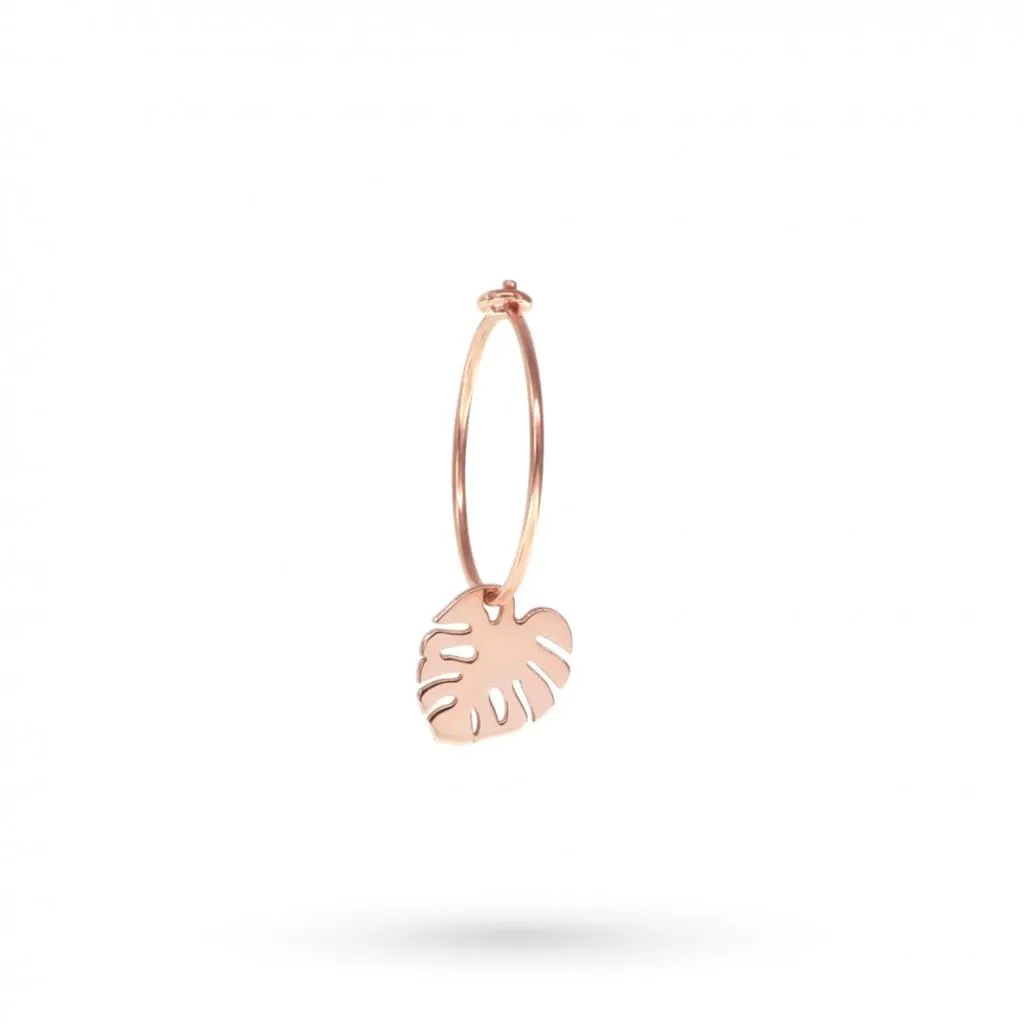 Orecchino singolo cerchio foglia monstera argento 925 placcato oro rosa