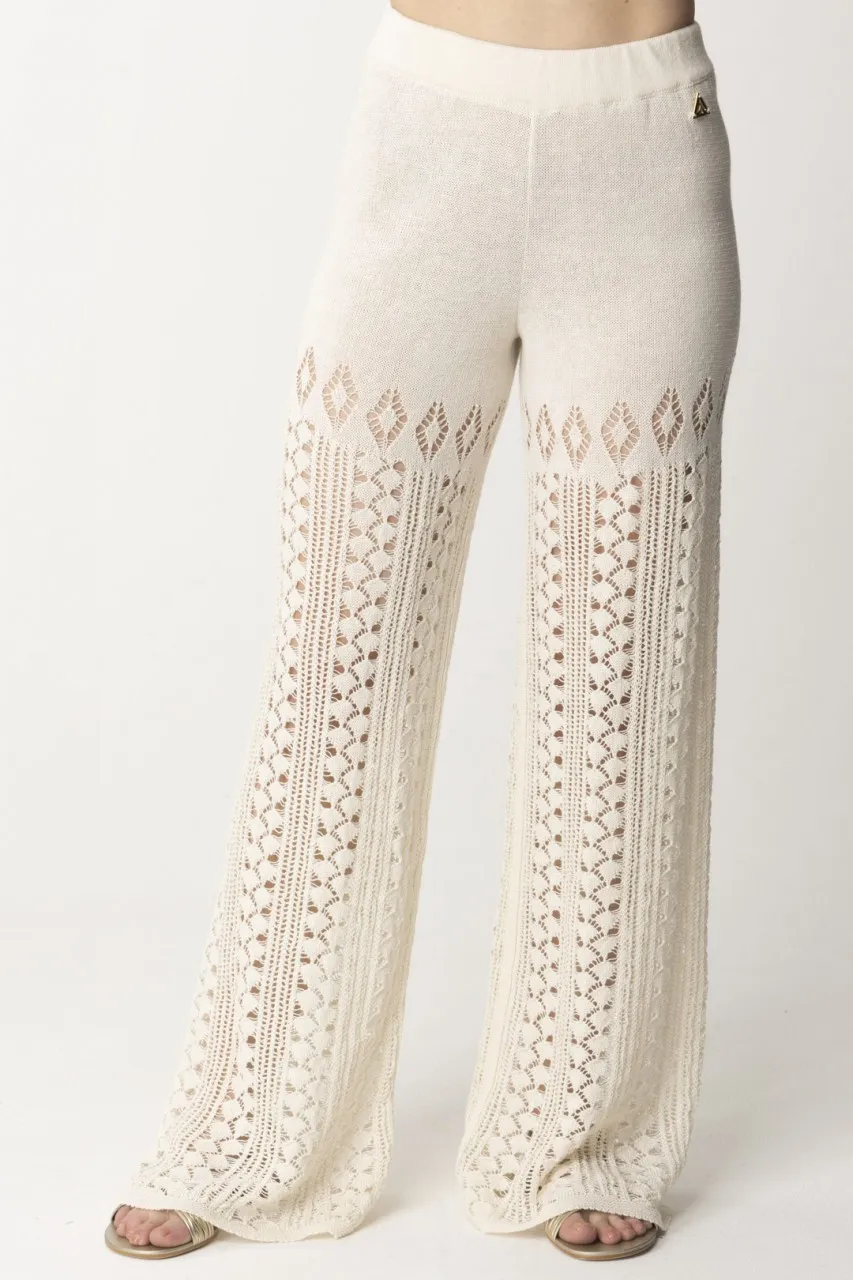 Pantaloni traforati in maglia di lino Panna