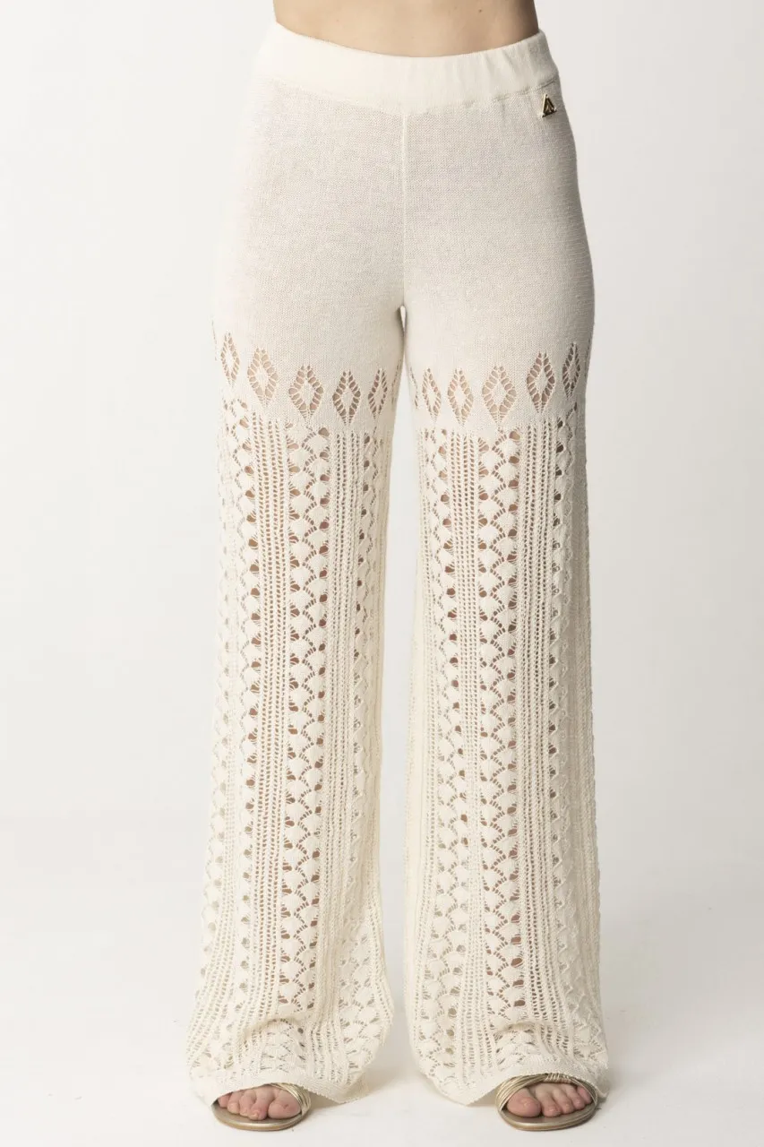Pantaloni traforati in maglia di lino Panna