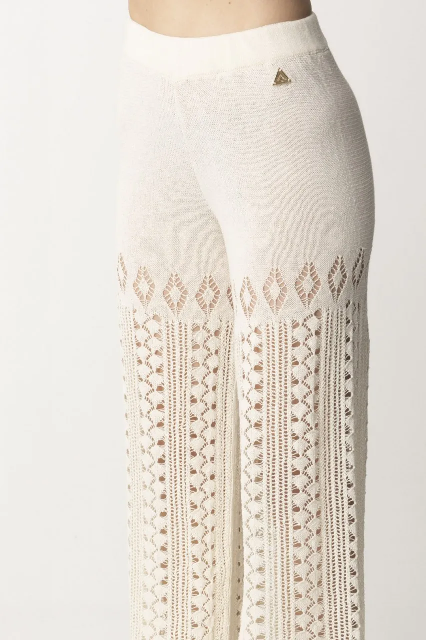 Pantaloni traforati in maglia di lino Panna