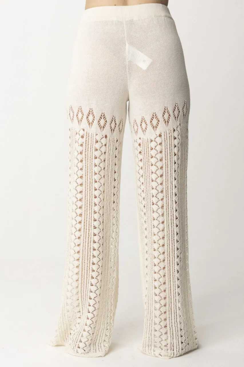 Pantaloni traforati in maglia di lino Panna