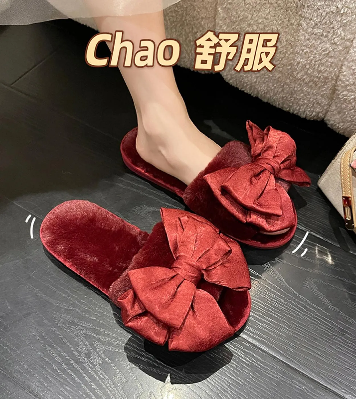 Pantofole da casa da donna con fiocco in pelliccia sintetica Moda scarpe calde Donna Slip On Flats Diapositive femminili Nero Ro