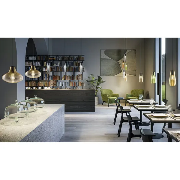 Panzeri luce Emma - Lampada a sospensione base ottone nero/diffusore vetro soffiato ambra