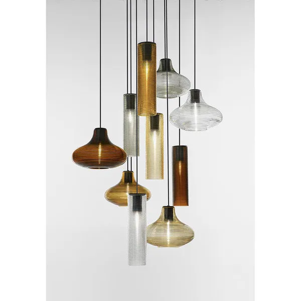 Panzeri luce Emma - Lampada a sospensione base ottone nero/diffusore vetro soffiato ambra