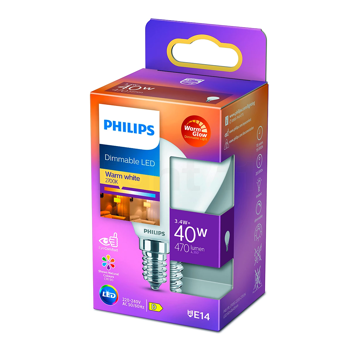 Philips D45-dim 3,4W/m 927, E14 LED WarmGlow