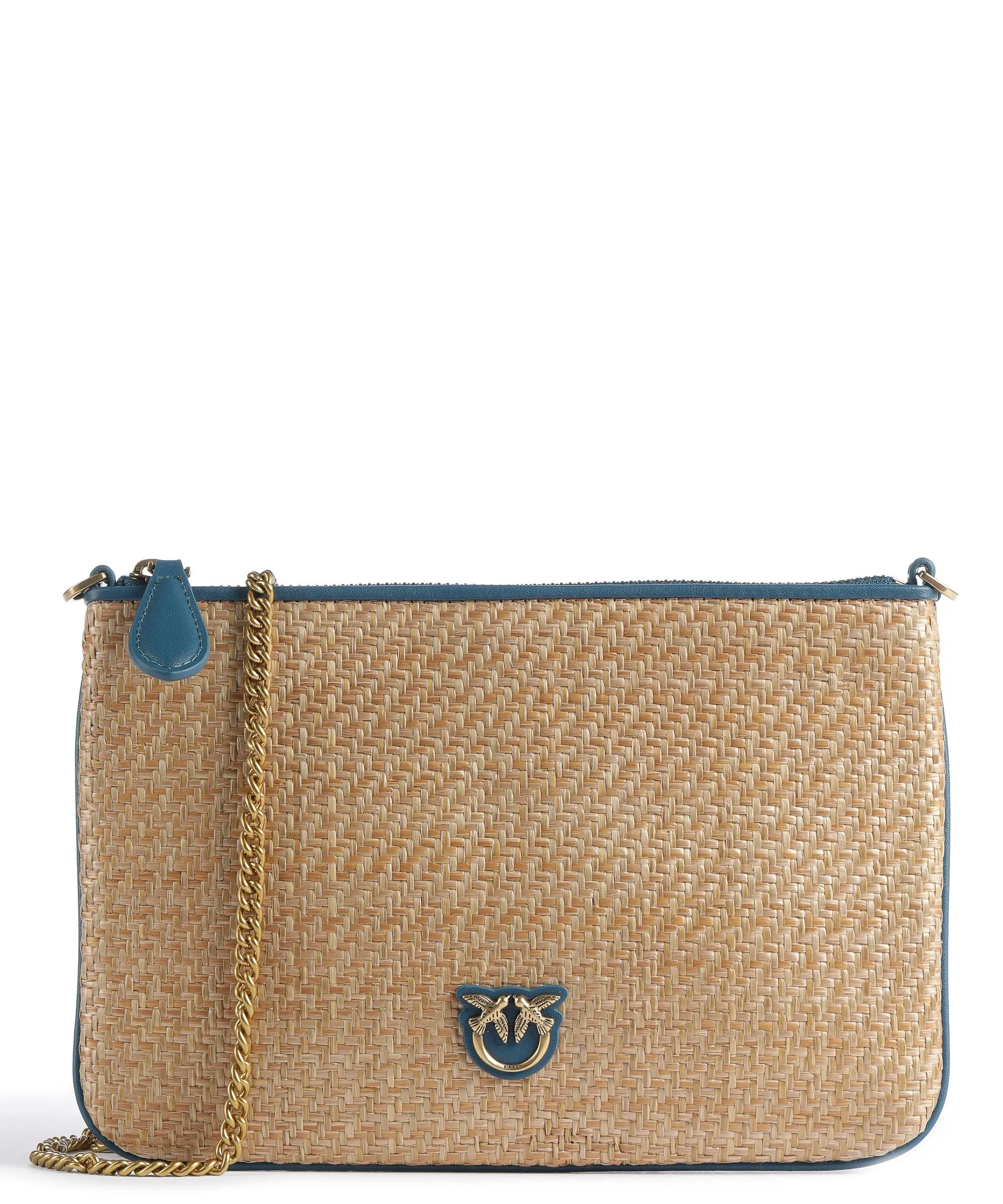  Pinko Classic Classic Borsa a tracolla pelle a grana fine, tissu beige/blu  