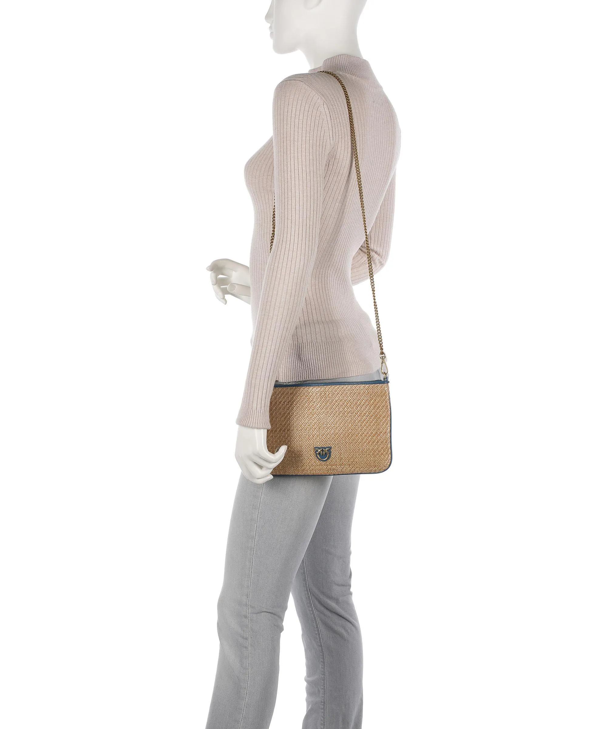 Pinko Classic Classic Borsa a tracolla pelle a grana fine, tissu beige/blu  