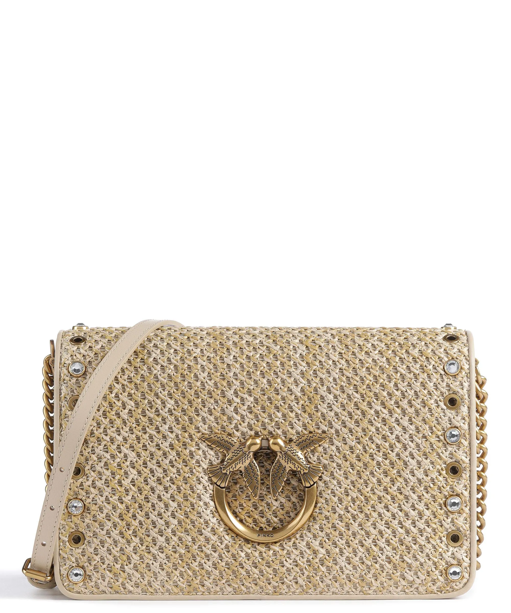  Pinko Love Click Classic Borsa a tracolla pelle a grana fine, tissu beige  