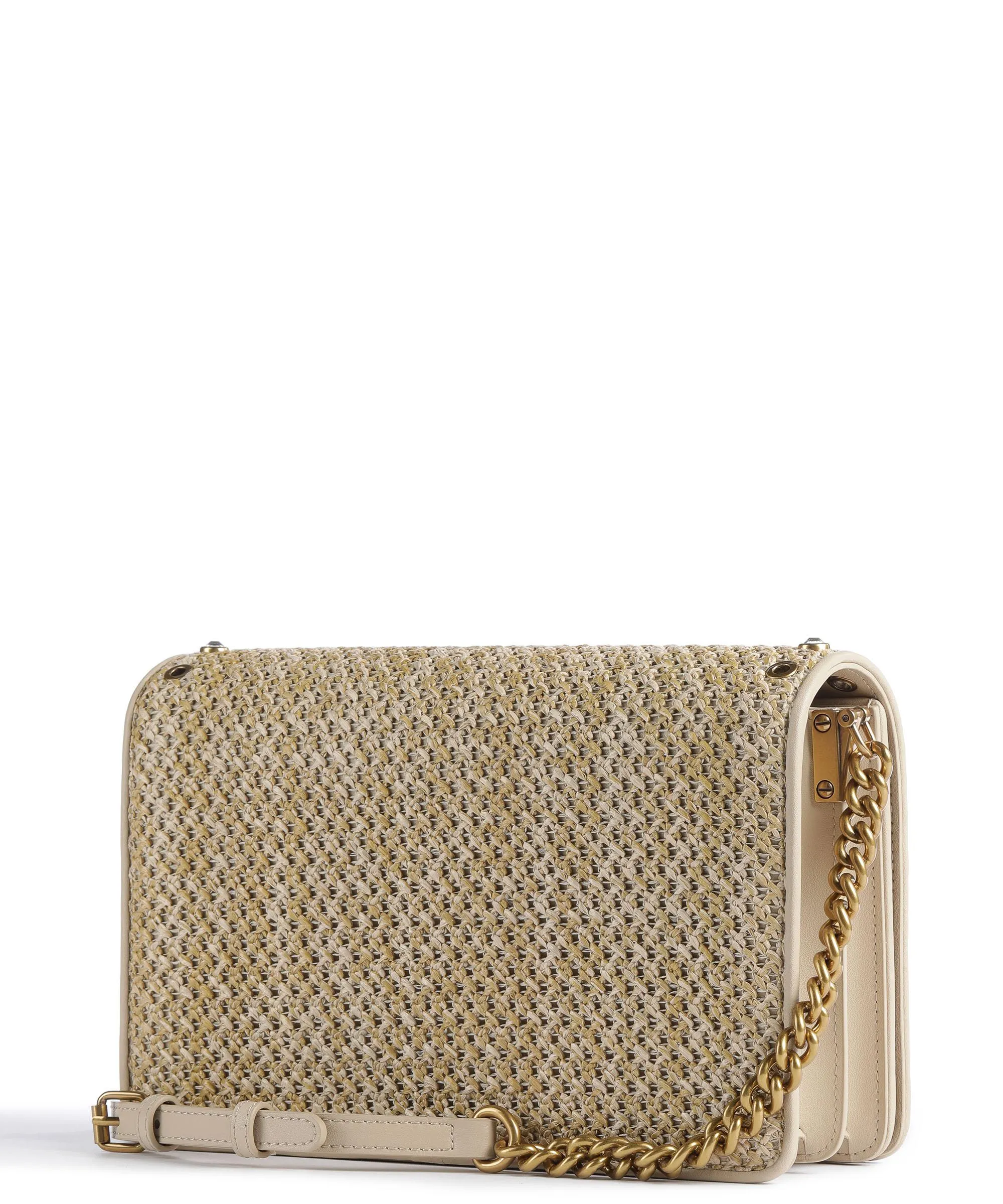  Pinko Love Click Classic Borsa a tracolla pelle a grana fine, tissu beige  