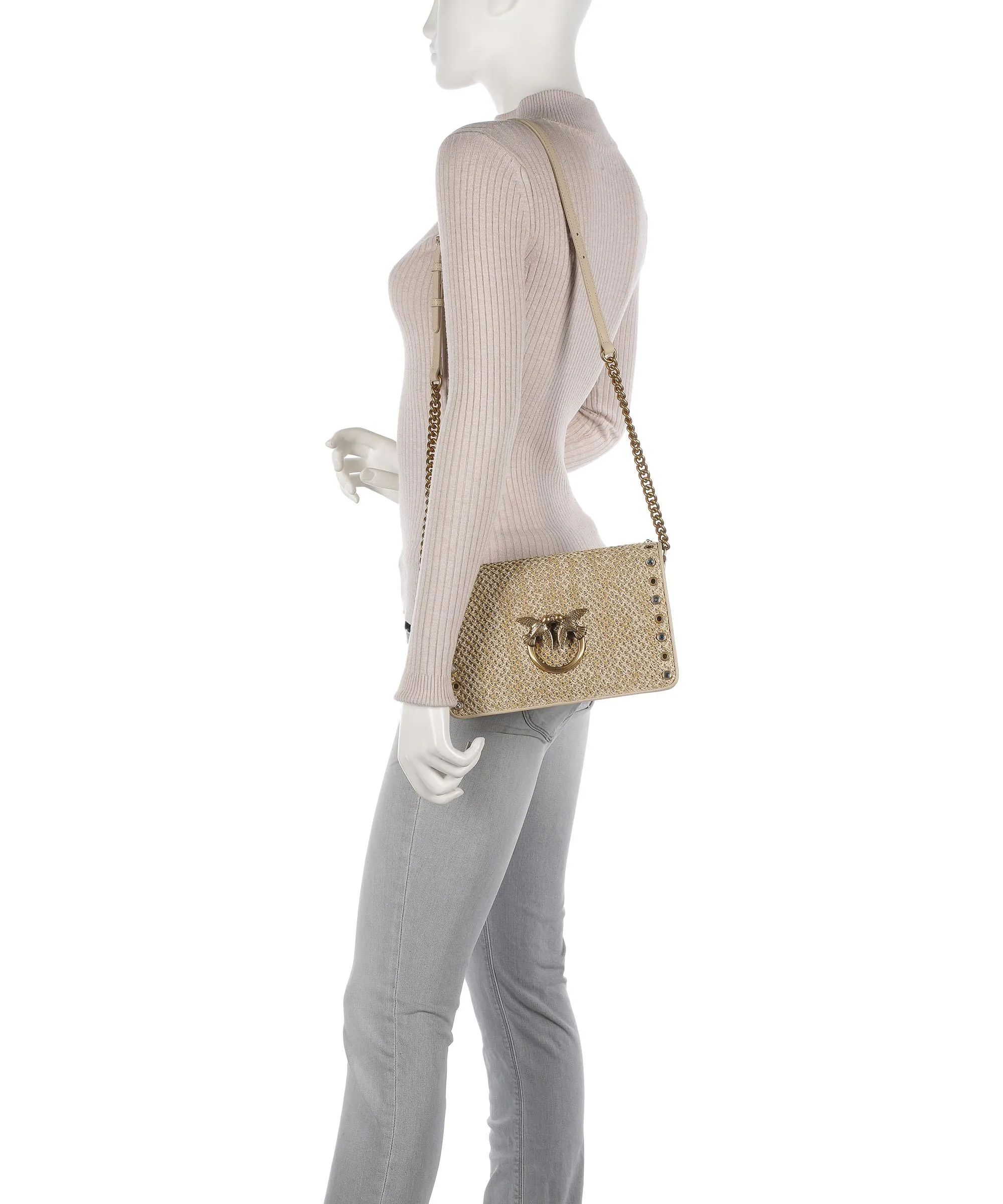  Pinko Love Click Classic Borsa a tracolla pelle a grana fine, tissu beige  