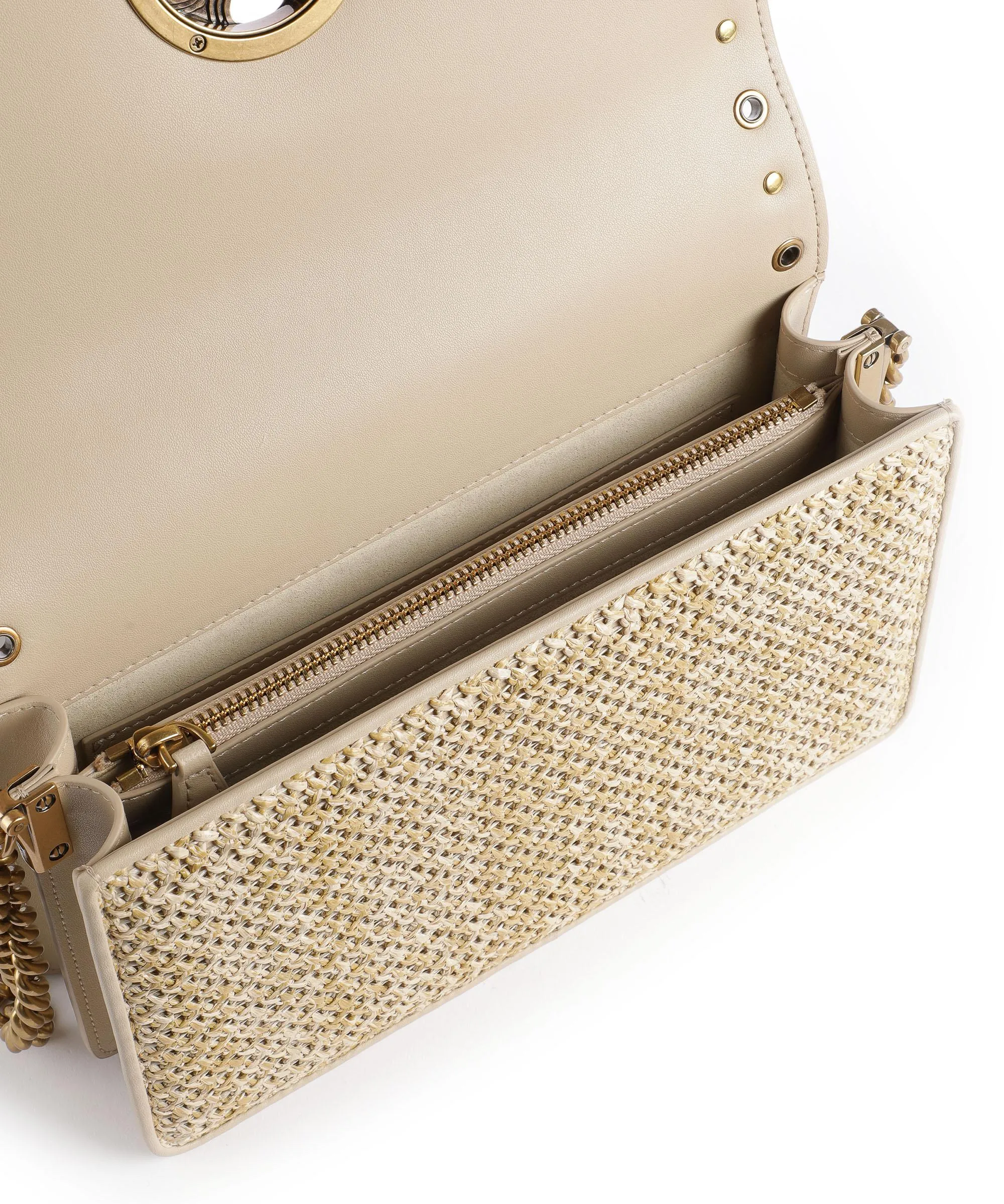  Pinko Love Click Classic Borsa a tracolla pelle a grana fine, tissu beige  
