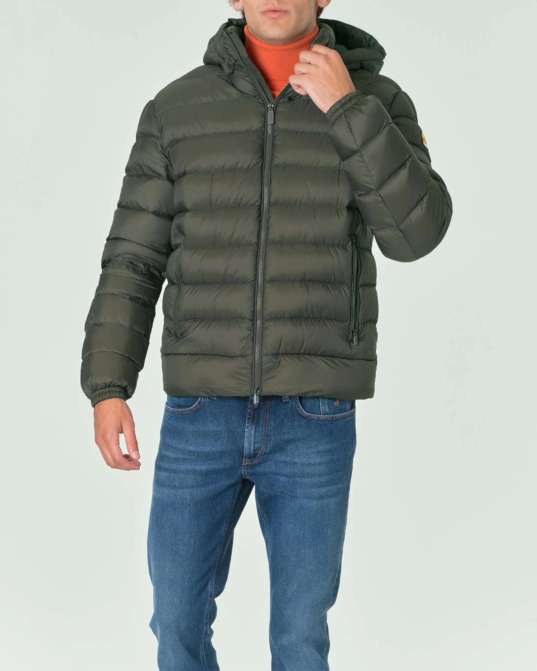Piumino Ned verde militare imbottito in piuma 800fill power con cappuccio staccabile