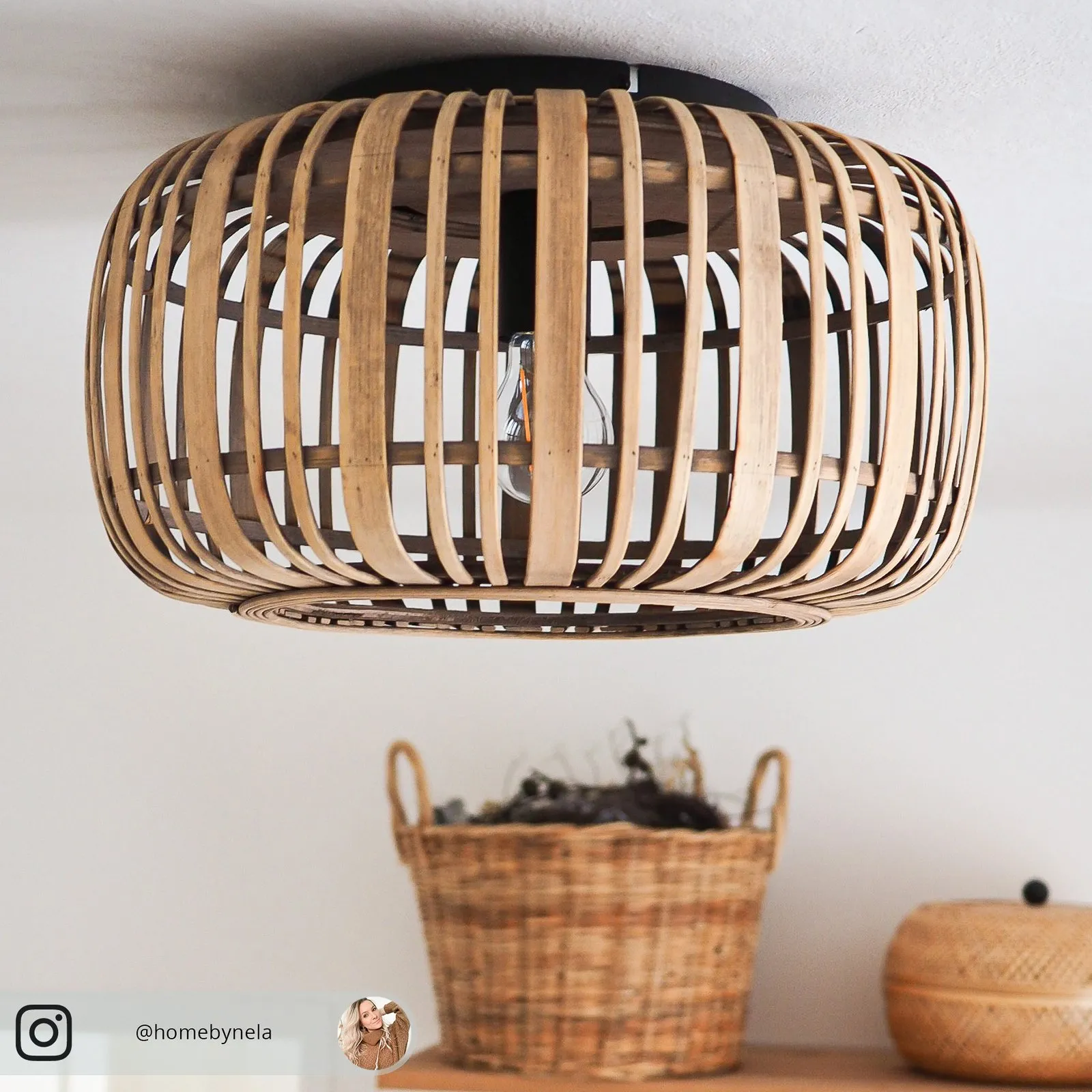 Plafoniera Lindby Canyana, naturale, rattan, Ø 40 cm