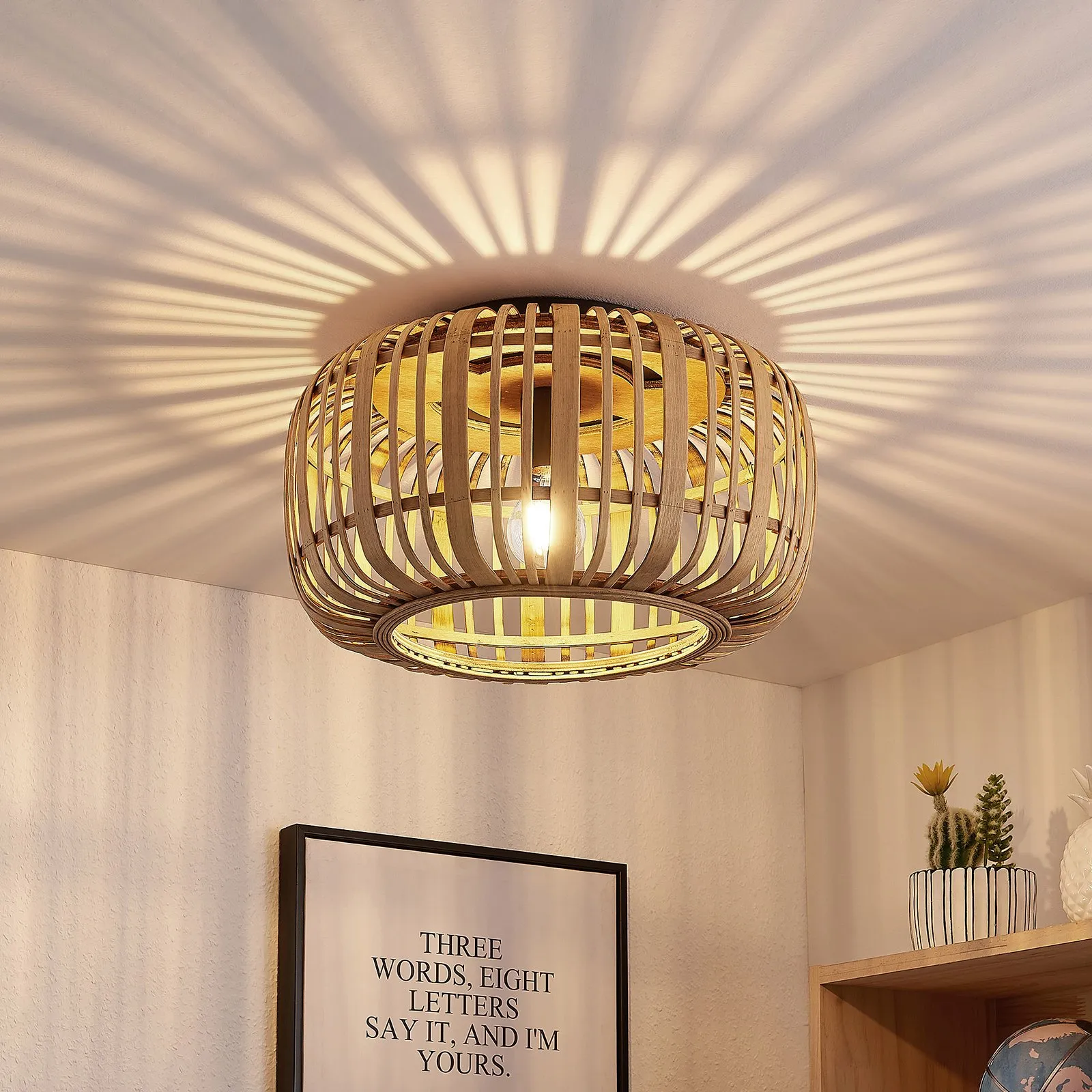 Plafoniera Lindby Canyana, naturale, rattan, Ø 40 cm