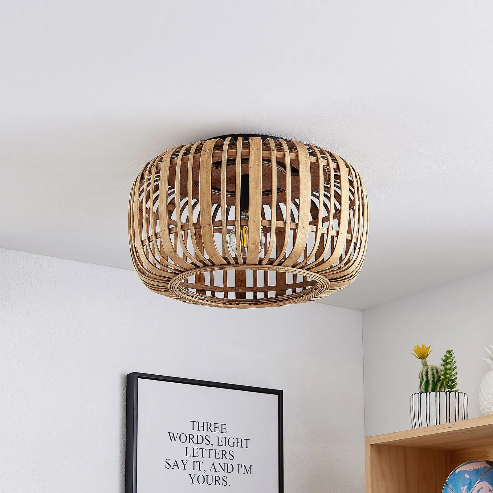 Plafoniera Lindby Canyana, naturale, rattan, Ø 40 cm