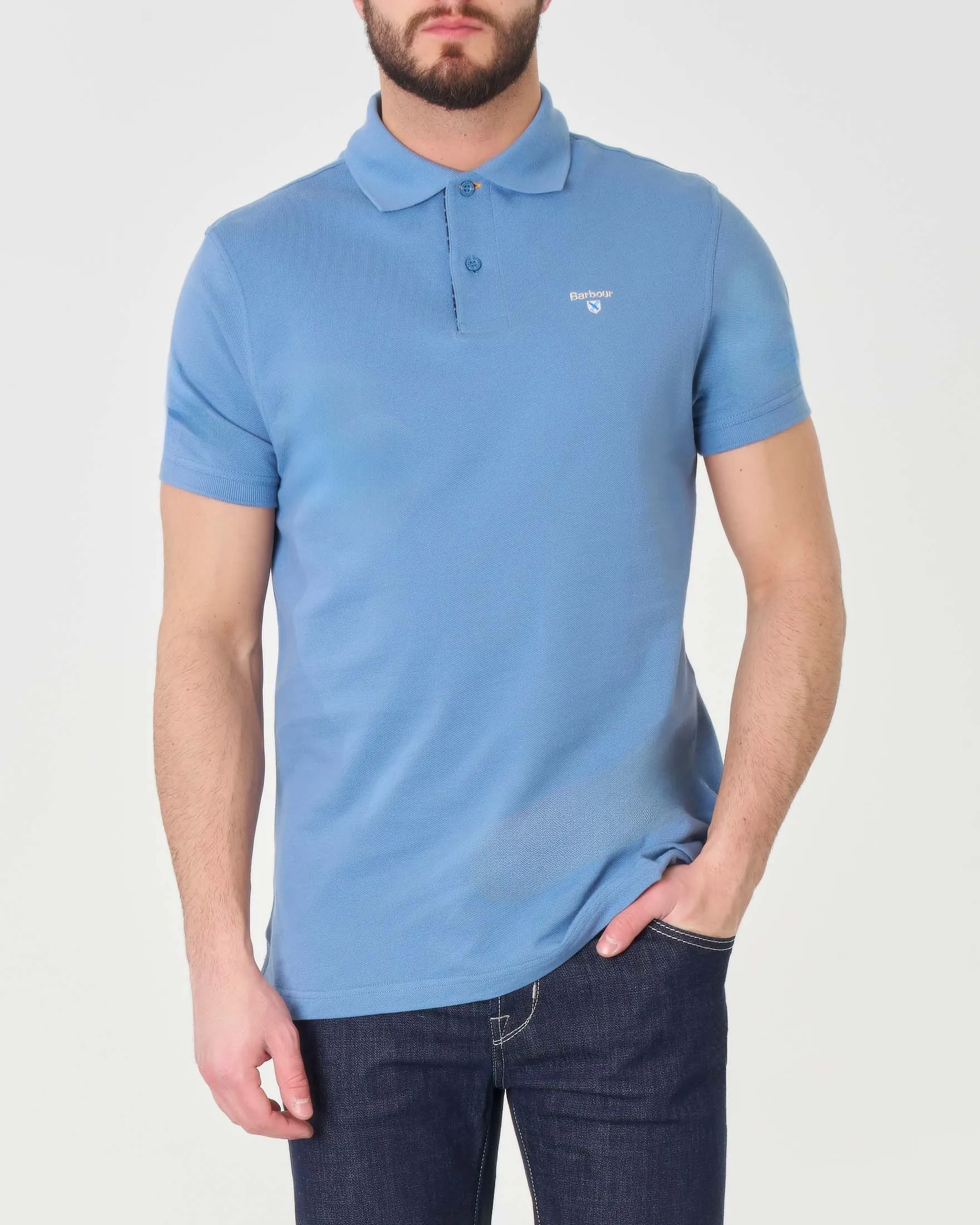 Polo azzurra mezza manica in piquè di cotone con dettaglio tartan check