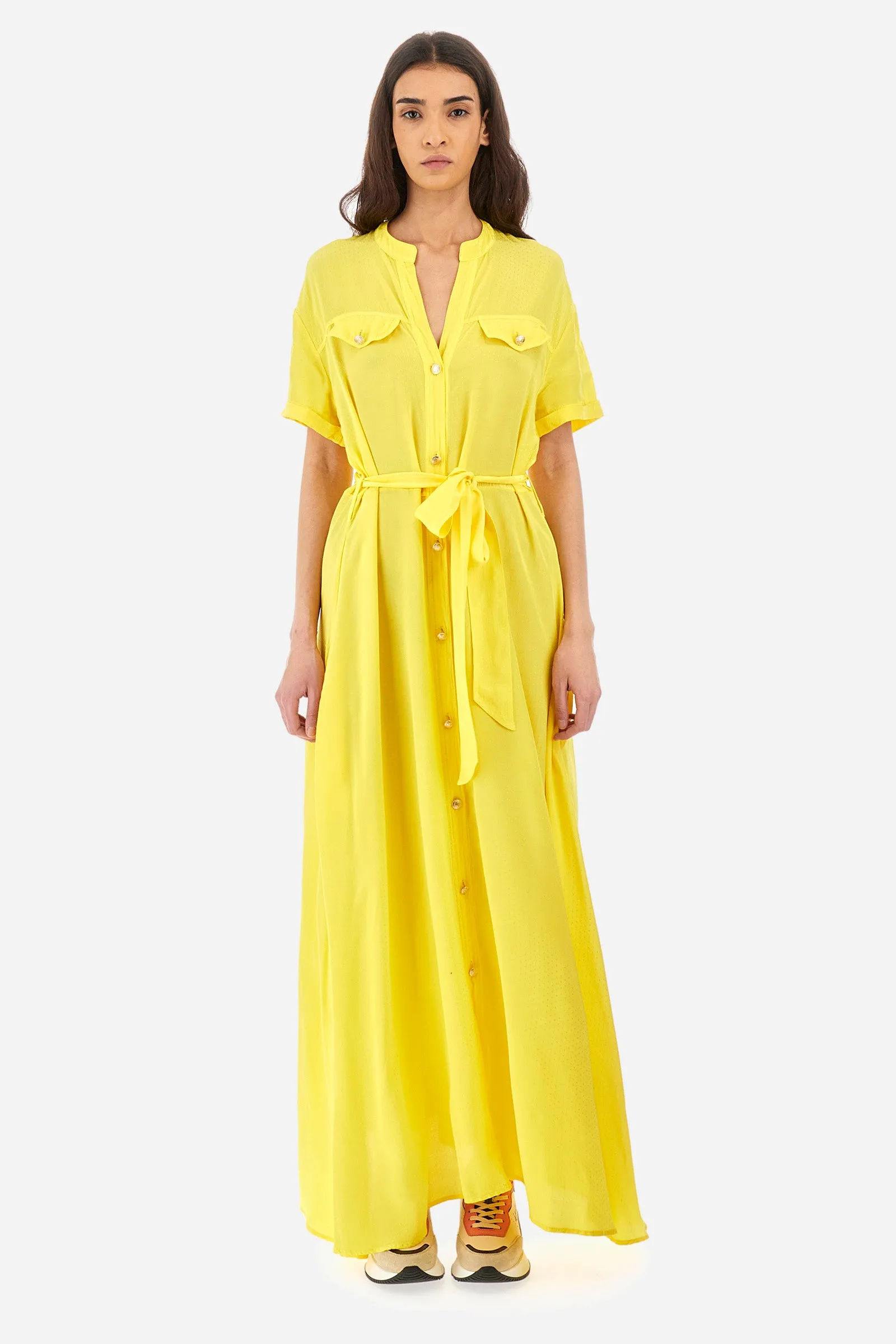 Regular-fit short-sleeved dress in synthetic fabric - Yazenia