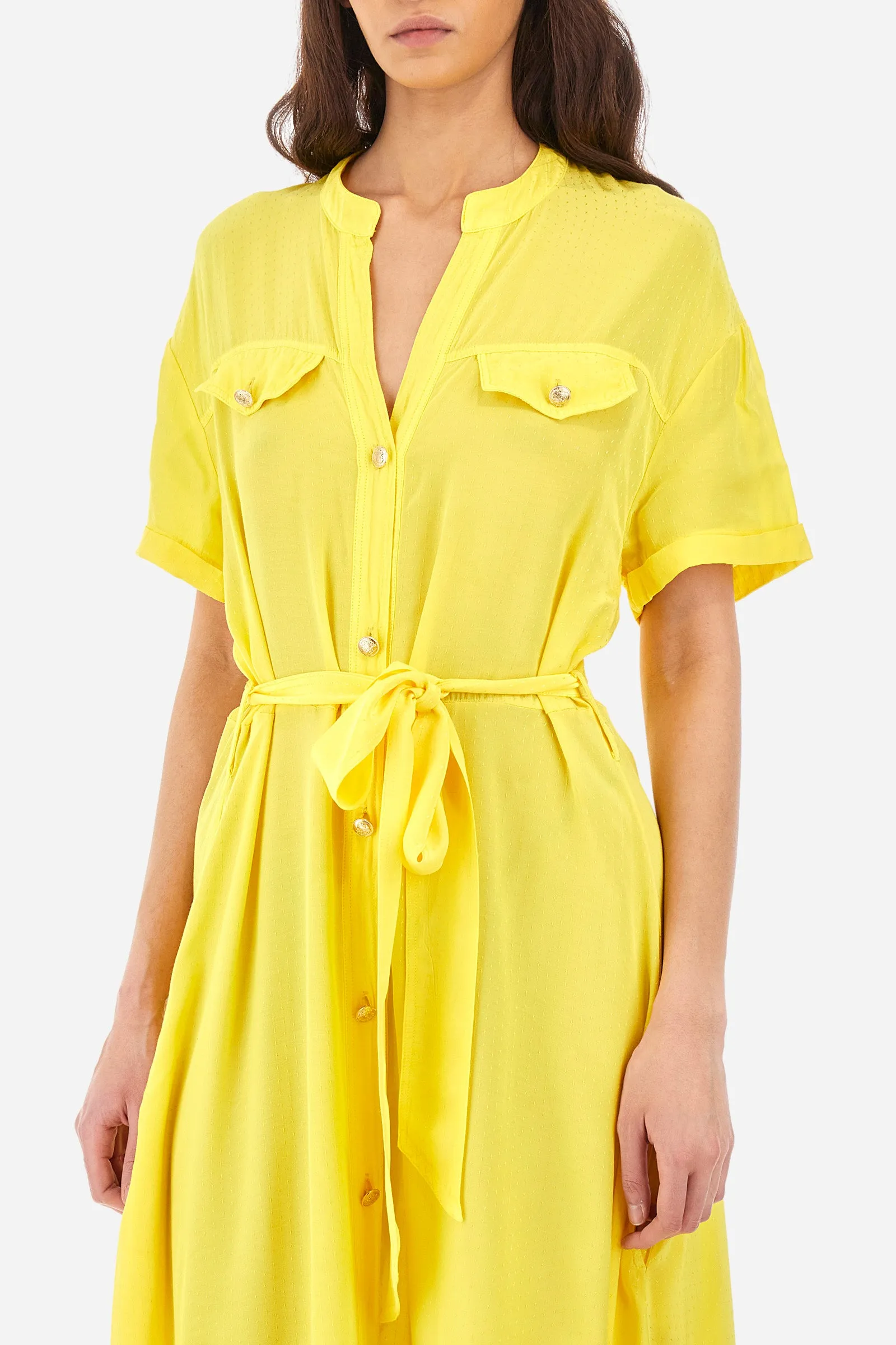 Regular-fit short-sleeved dress in synthetic fabric - Yazenia