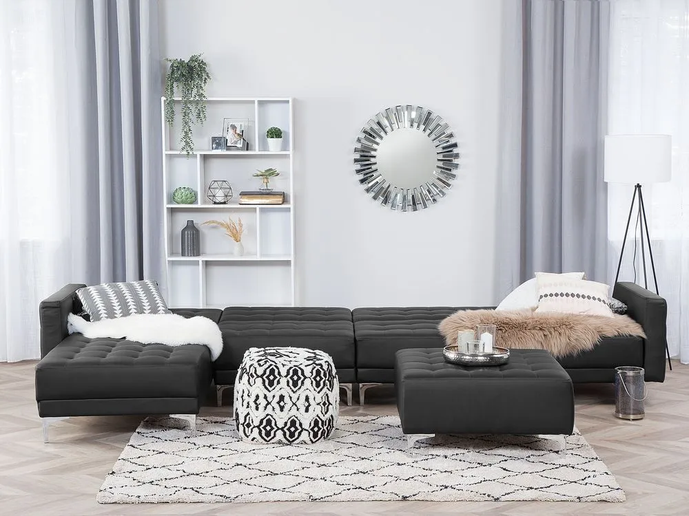 Right Hand Modular Faux Leather Sofa with Ottoman Black ABERDEEN