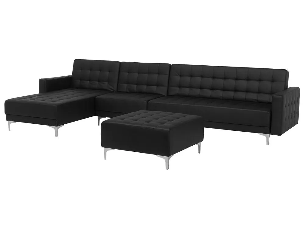 Right Hand Modular Faux Leather Sofa with Ottoman Black ABERDEEN