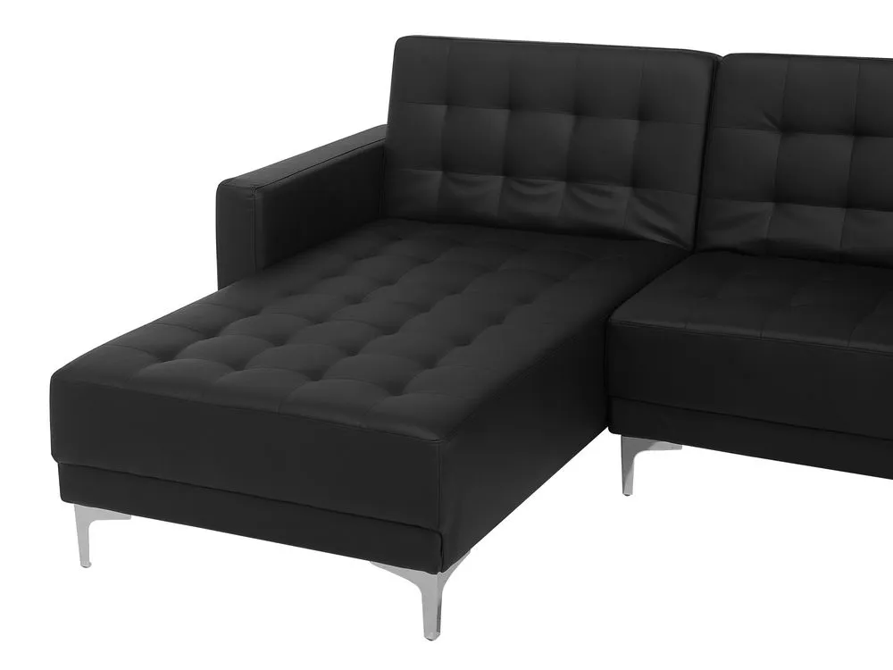 Right Hand Modular Faux Leather Sofa with Ottoman Black ABERDEEN