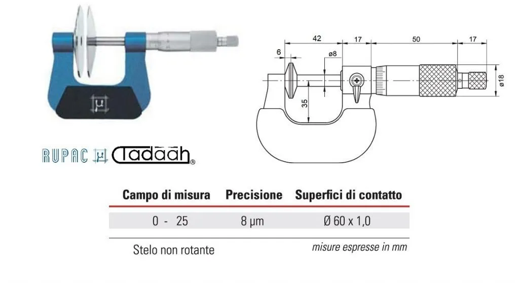 RUPAC 2753026 Micrometro centesimale con contatti a disco Serie MicroMet con stelo non rotante - Campo di misura 0-25mm