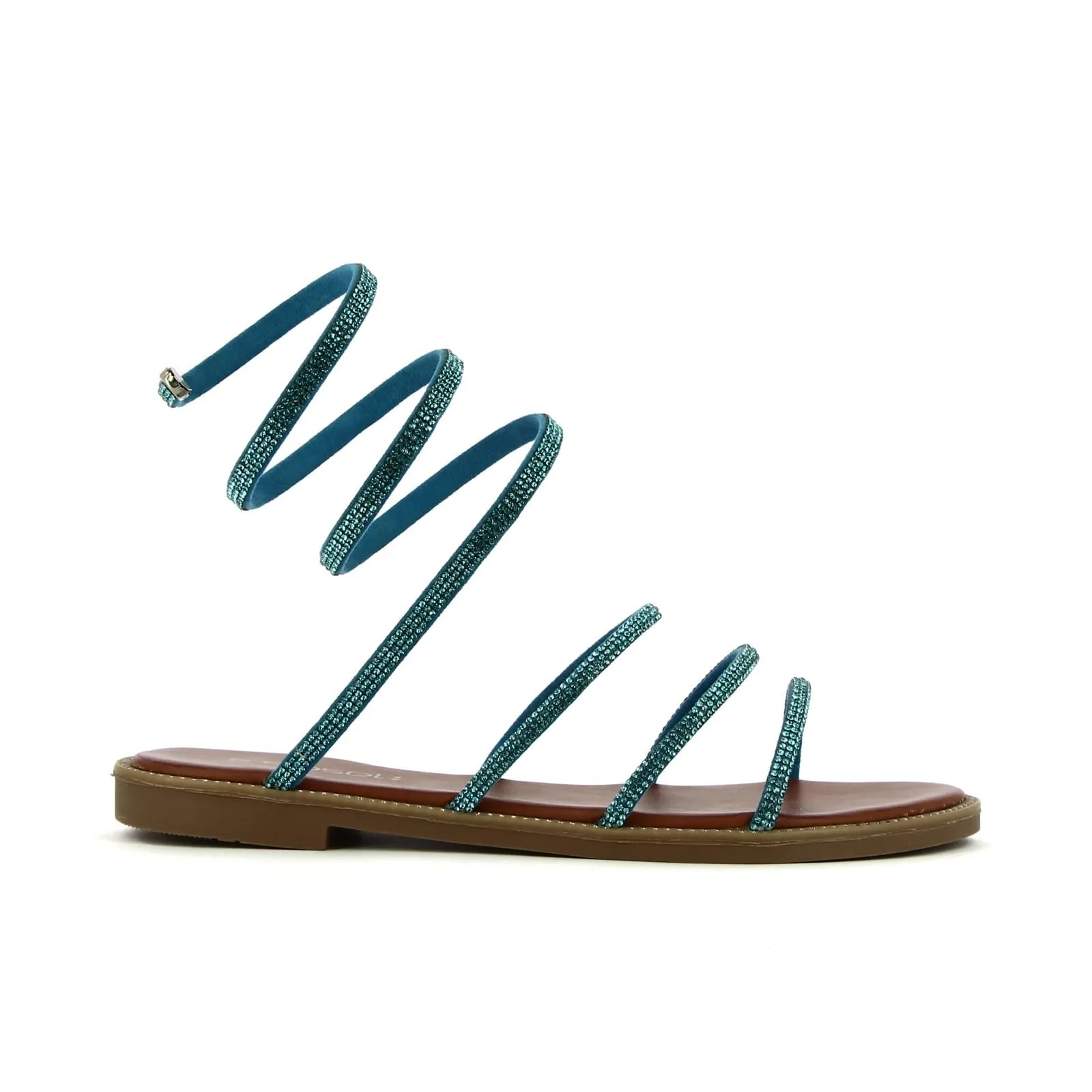 Sandali azzurri bassi con cinturino a spirale con strass