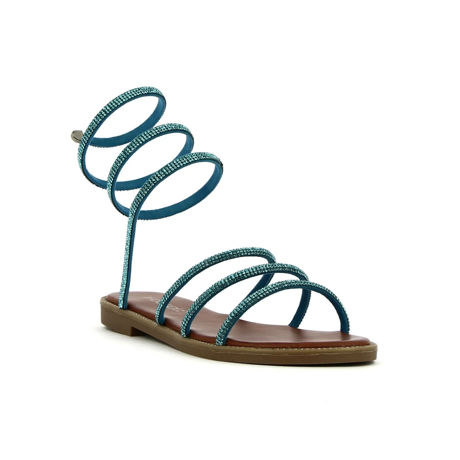 Sandali azzurri bassi con cinturino a spirale con strass